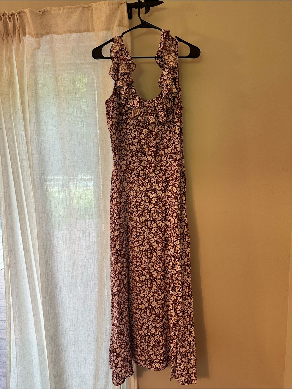 Madewell Burgundy Floral Midi Dress with Ruffle Straps